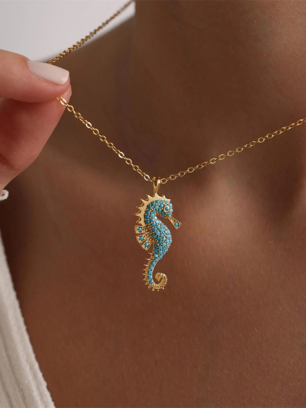 Gold Seahorse Pendant Necklace with Turquoise Crystals